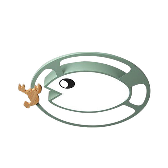 Kids Circular Acrylic Ceiling Light: Grey/White/Green LED Flush Mount Lamp with Wood Shrimp Decor for Nursery