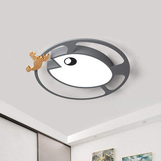Kids Circular Acrylic Ceiling Light: Grey/White/Green LED Flush Mount Lamp with Wood Shrimp Decor for Nursery
