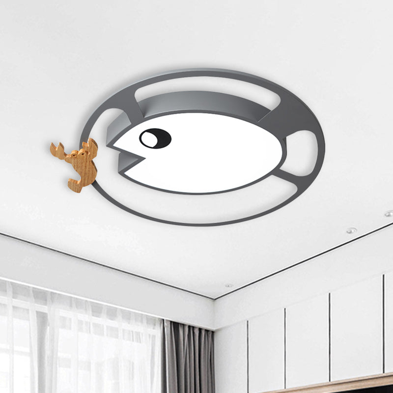 Kids Circular Acrylic Ceiling Light: Grey/White/Green LED Flush Mount Lamp with Wood Shrimp Decor for Nursery