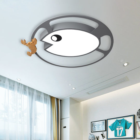Kids Circular Acrylic Ceiling Light: Grey/White/Green LED Flush Mount Lamp with Wood Shrimp Decor for Nursery