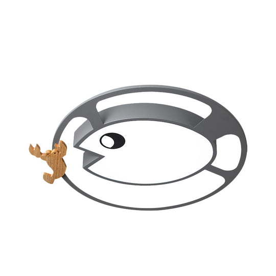 Kids Circular Acrylic Ceiling Light: Grey/White/Green LED Flush Mount Lamp with Wood Shrimp Decor for Nursery