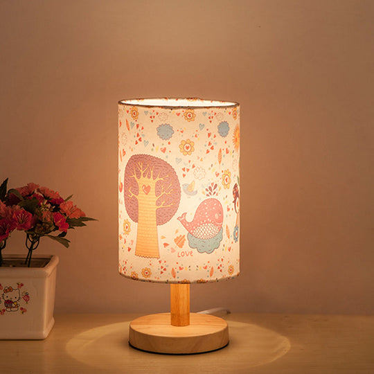 Kids' Wood Cylinder Nightstand Lamp with Tree and Flower Pattern - Fabric Shade