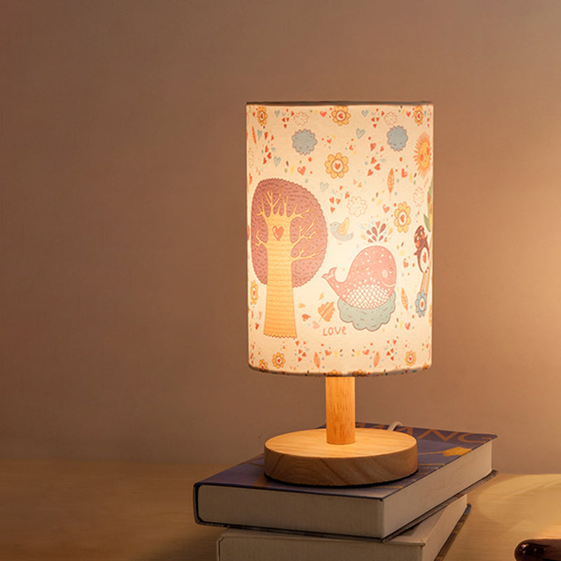 Kids' Wood Cylinder Nightstand Lamp with Tree and Flower Pattern - Fabric Shade