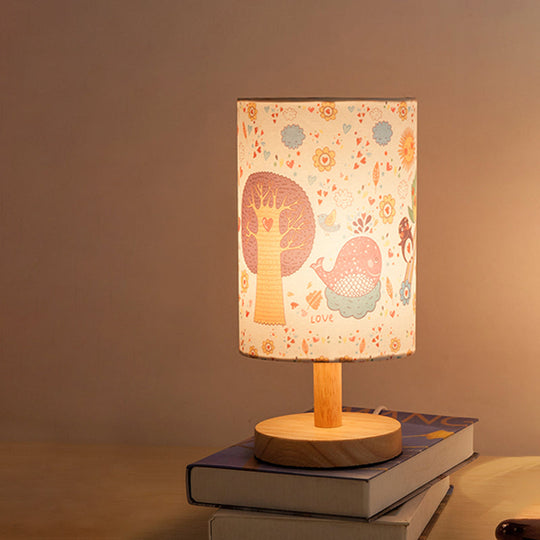Kids' Wood Cylinder Nightstand Lamp with Tree and Flower Pattern - Fabric Shade