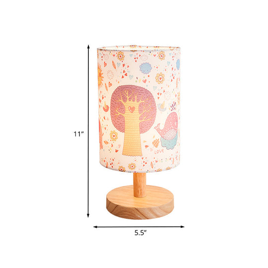Kids' Wood Cylinder Nightstand Lamp with Tree and Flower Pattern - Fabric Shade