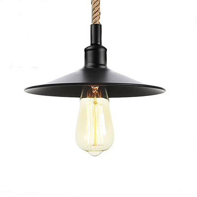 Industrial Metal Pendant Light - Flat/Cone Design, 7"/8.5" Width, Single Light, Living Room Hanging Lamp in Black with Rope Cord