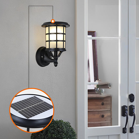 Retro Round Three Step Dimming Black Solar Wall Sconce Waterproof