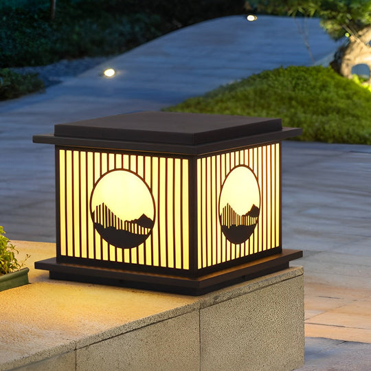 Retro Mountain Scenery LED Waterproof Black Solar Pillar Lamp