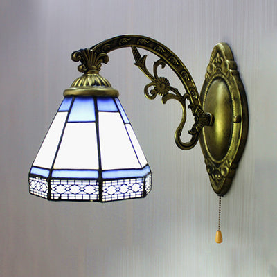 Vintage Cone Wall Sconce with Stained Glass Pull Chain - Blue 1-Light for Bedroom
