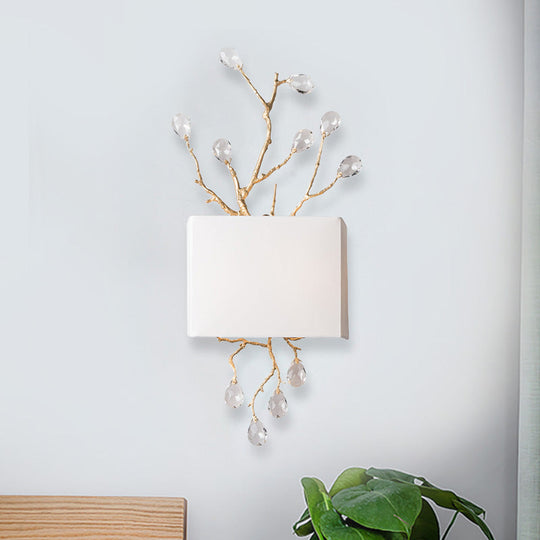 Minimalist Crystal Bead Wall Sconce with 2 Bulbs and Fabric Shade
