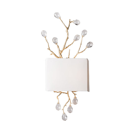 Minimalist Crystal Bead Wall Sconce with 2 Bulbs and Fabric Shade