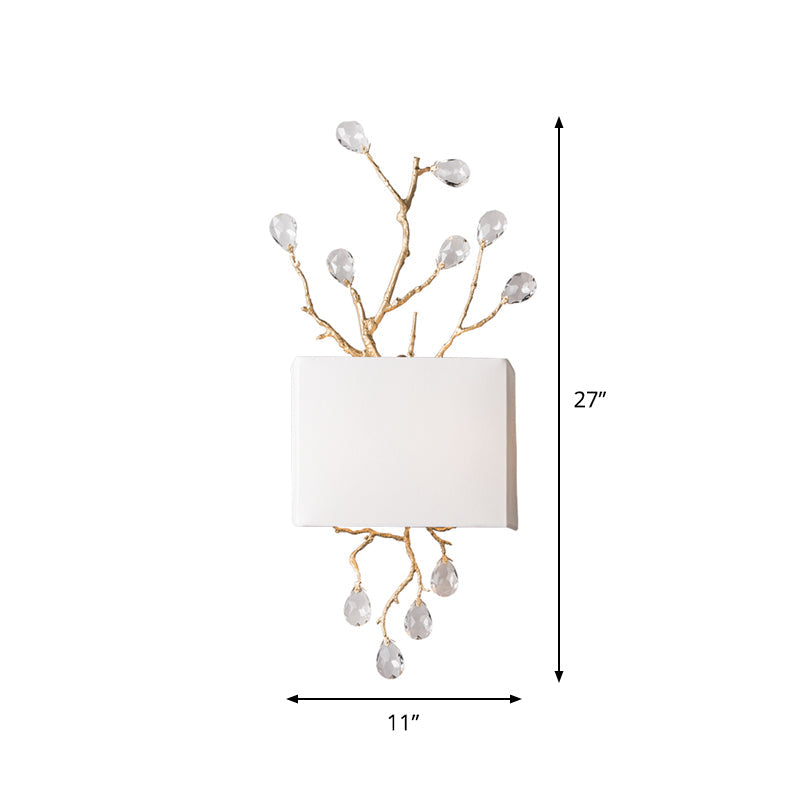 Minimalist Crystal Bead Wall Sconce with 2 Bulbs and Fabric Shade