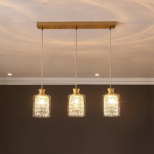 Gold Faceted Crystal Cylinder Pendant with Clear Glass Shades - Modernist Multi-Light Hanging Lamp (3 Heads)