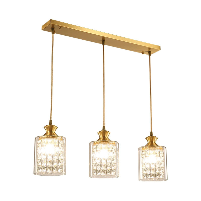 Gold Faceted Crystal Cylinder Pendant with Clear Glass Shades - Modernist Multi-Light Hanging Lamp (3 Heads)
