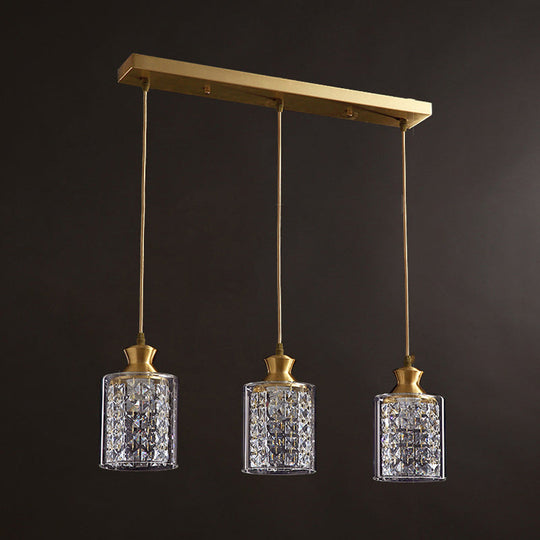 Gold Faceted Crystal Cylinder Pendant with Clear Glass Shades - Modernist Multi-Light Hanging Lamp (3 Heads)