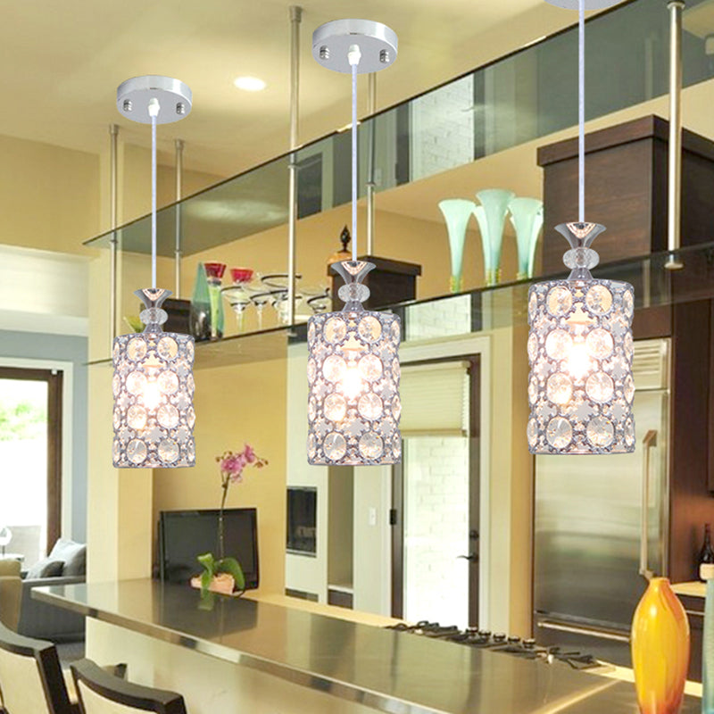 Modern Silver Dining Room Pendant Light with Crystal Encrusted Shade