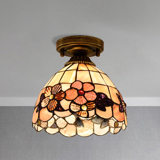 Tiffany Beige/Pink/Orange Shell Mini Flush Light Fixture - Natural Decorative Ceiling Lamp