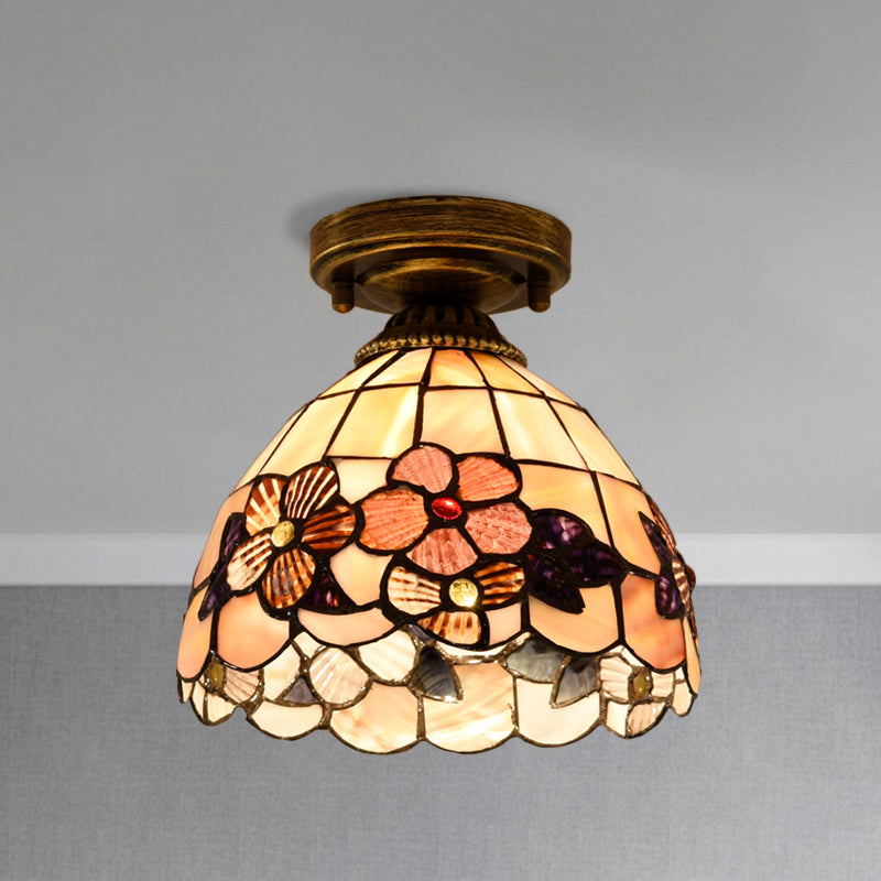 Tiffany Beige/Pink/Orange Shell Mini Flush Light Fixture - Natural Decorative Ceiling Lamp