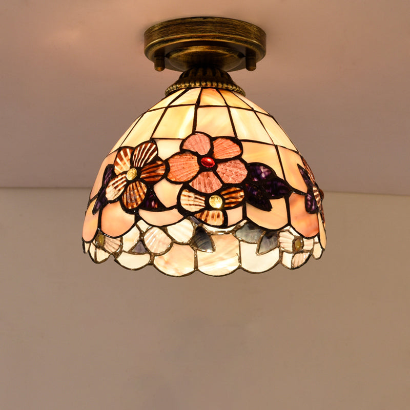 Tiffany Beige/Pink/Orange Shell Mini Flush Light Fixture - Natural Decorative Ceiling Lamp