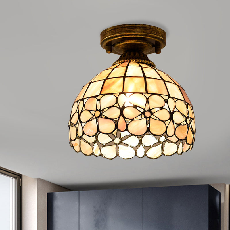 Tiffany Beige/Pink/Orange Shell Mini Flush Light Fixture - Natural Decorative Ceiling Lamp