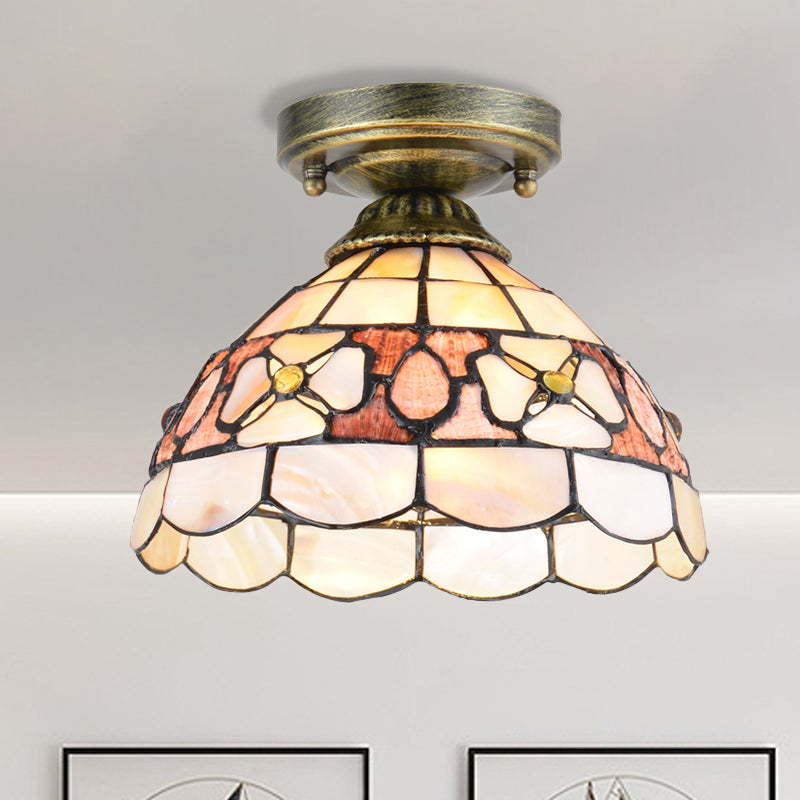 Tiffany Beige/Pink/Orange Shell Mini Flush Light Fixture - Natural Decorative Ceiling Lamp