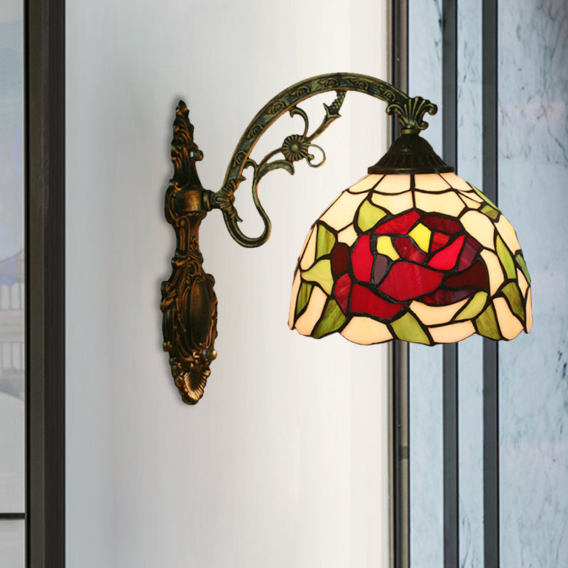 Tiffany Hand-Cut Glass Wall Mount Light Fixture - Rose/Sunflower Design with 1 Red/Green Light - Elegant Wall Lighting Idea