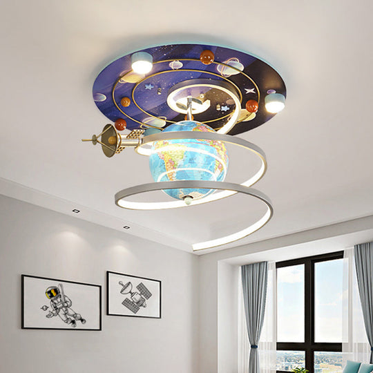 Cartoon LED Wood Flush Light Fixture - Blue Globe Ceiling Flush Mount for Kids Bedroom