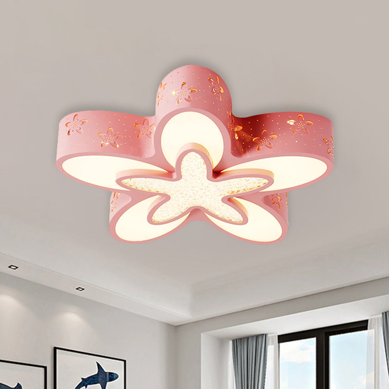 Flower-Shaped LED Cartoon Flush Ceiling Light for Kids' Bedrooms in Pink/Blue