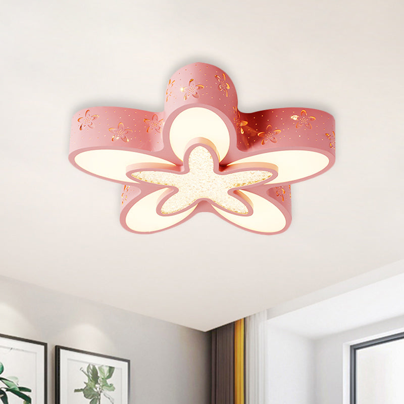 Flower-Shaped LED Cartoon Flush Ceiling Light for Kids' Bedrooms in Pink/Blue