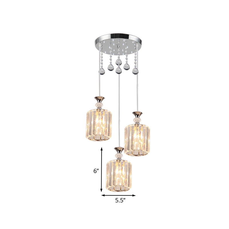 Chrome Finish Crystal Prisms Cylinder Pendant Ceiling Fixture - Minimal 3 Heads