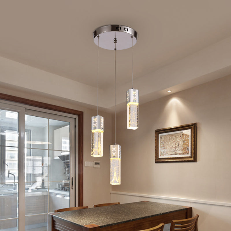 Modern Clear Crystal Glass 3-Light Pendant Square Tube LED Hanging Lamp in Chrome - Stylish Dining Room Cluster Light