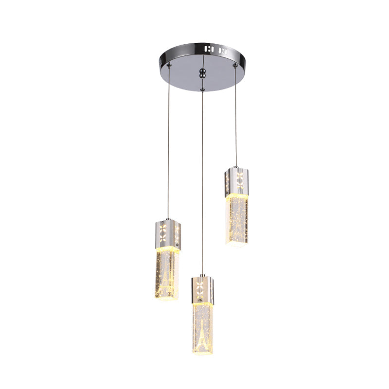 Modern Clear Crystal Glass 3-Light Pendant Square Tube LED Hanging Lamp in Chrome - Stylish Dining Room Cluster Light