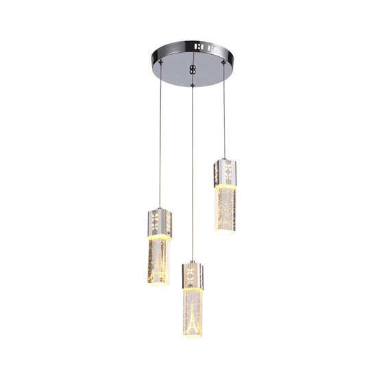 Modern Clear Crystal Glass 3-Light Pendant Square Tube LED Hanging Lamp in Chrome - Stylish Dining Room Cluster Light