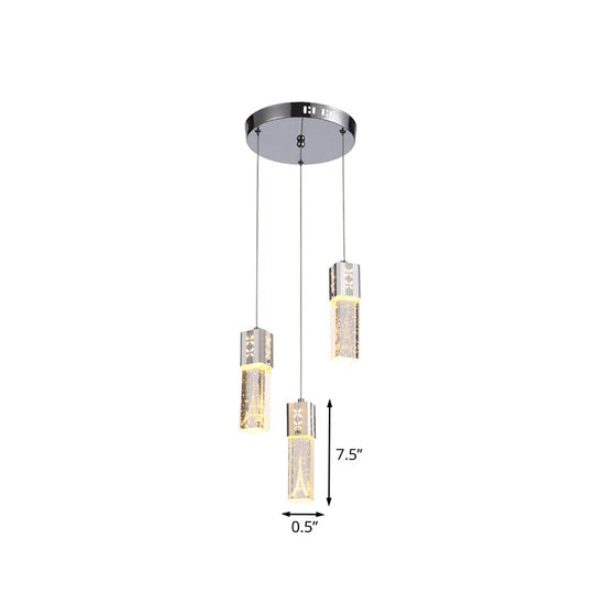 Modern Clear Crystal Glass 3-Light Pendant Square Tube LED Hanging Lamp in Chrome - Stylish Dining Room Cluster Light