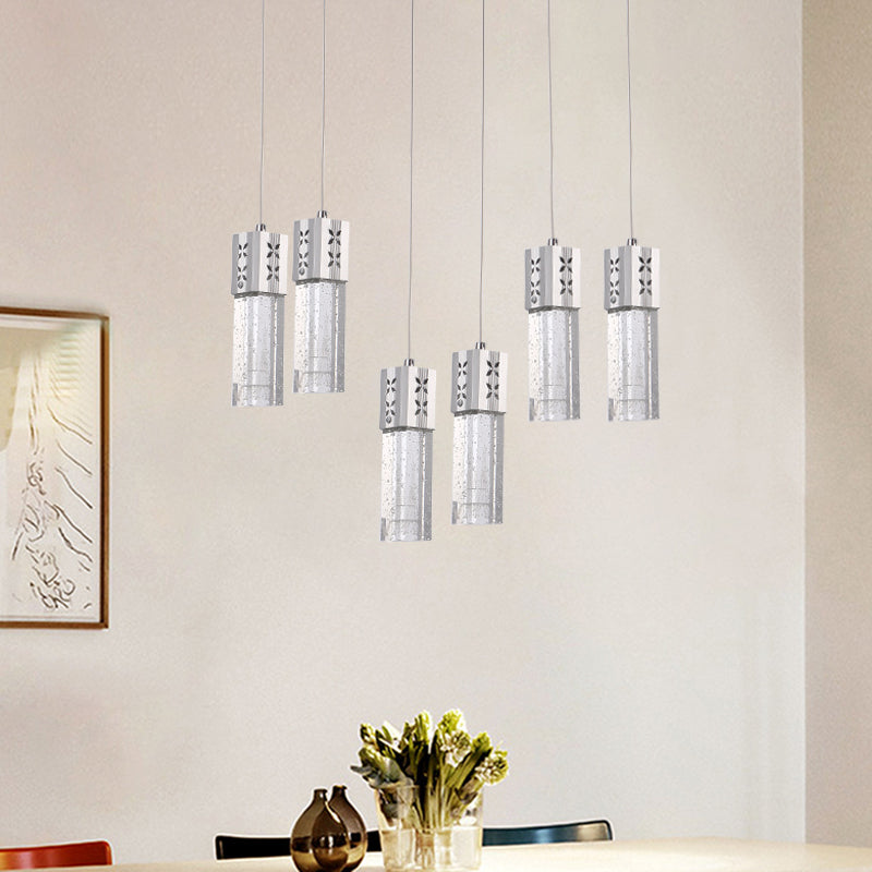 Modernist Crystal Square Tube Multi Ceiling Light: 6-Light LED Pendulum Lamp in Chrome