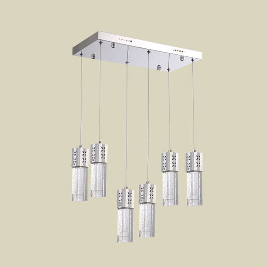 Modernist Crystal Square Tube Multi Ceiling Light: 6-Light LED Pendulum Lamp in Chrome