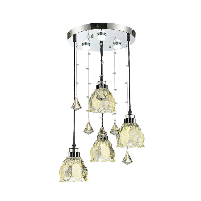Contemporary 4-Light Crystal Lotus Pendant Lamp - Chrome Hanging Fixture Kit