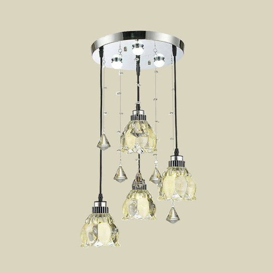 Contemporary 4-Light Crystal Lotus Pendant Lamp - Chrome Hanging Fixture Kit