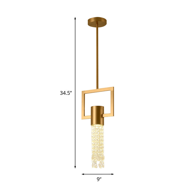 Brass Rectangle Pendant Metal Lamp with Crystal Fringe - 1-Light Bedside Hanging
