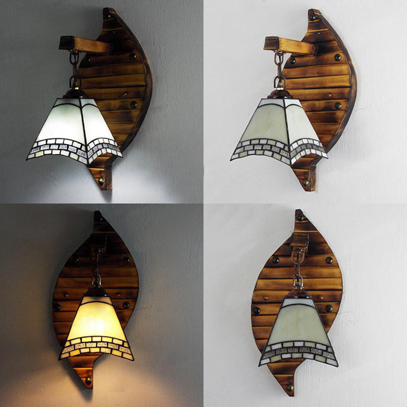 Retro Style Cone Wall Sconce Lamp with Colorful Stained Glass in White/Light Blue/Orange-Red/Yellow for Balcony