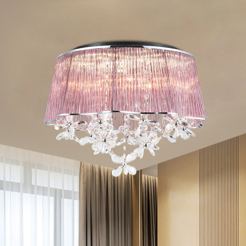 Modernist Pink Crystal Rods Ceiling Lamp with Scalloped Drum Shade, 3-Light Flush Mount