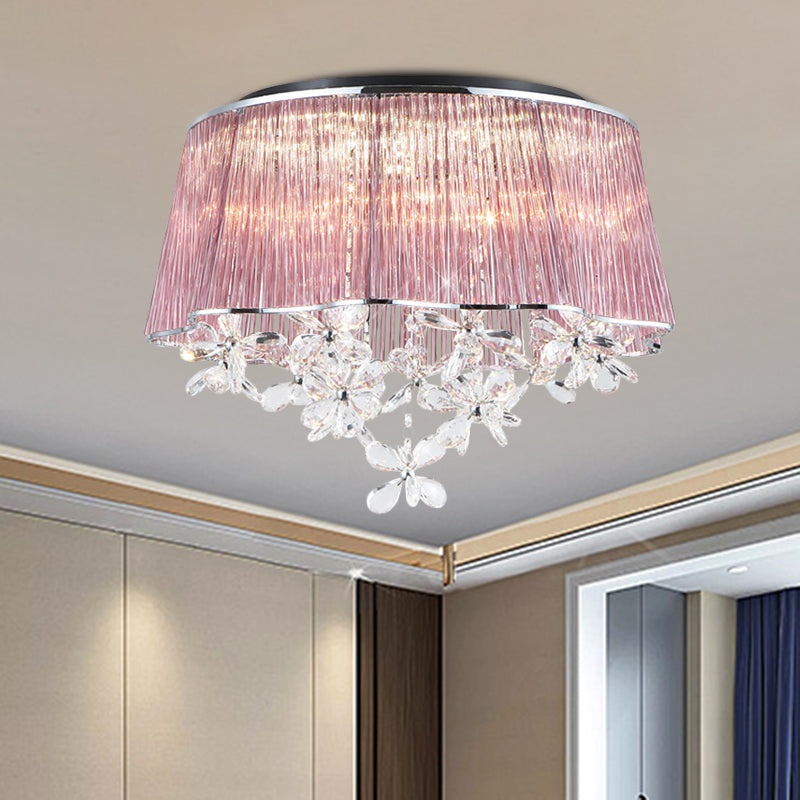 Modernist Pink Crystal Rods Ceiling Lamp with Scalloped Drum Shade, 3-Light Flush Mount