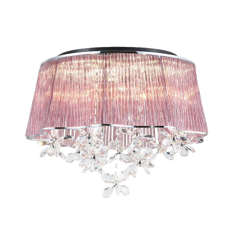 Modernist Pink Crystal Rods Ceiling Lamp with Scalloped Drum Shade, 3-Light Flush Mount