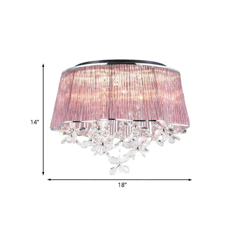 Modernist Pink Crystal Rods Ceiling Lamp with Scalloped Drum Shade, 3-Light Flush Mount