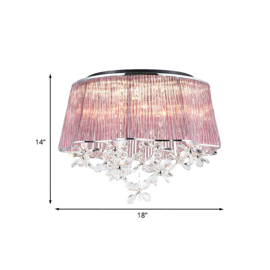 Modernist Pink Crystal Rods Ceiling Lamp with Scalloped Drum Shade, 3-Light Flush Mount