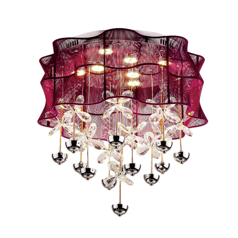 Romantic Modern Red Flushmount Lamp - Fabric Bedroom LED Ceiling Light with Dangling Crystals