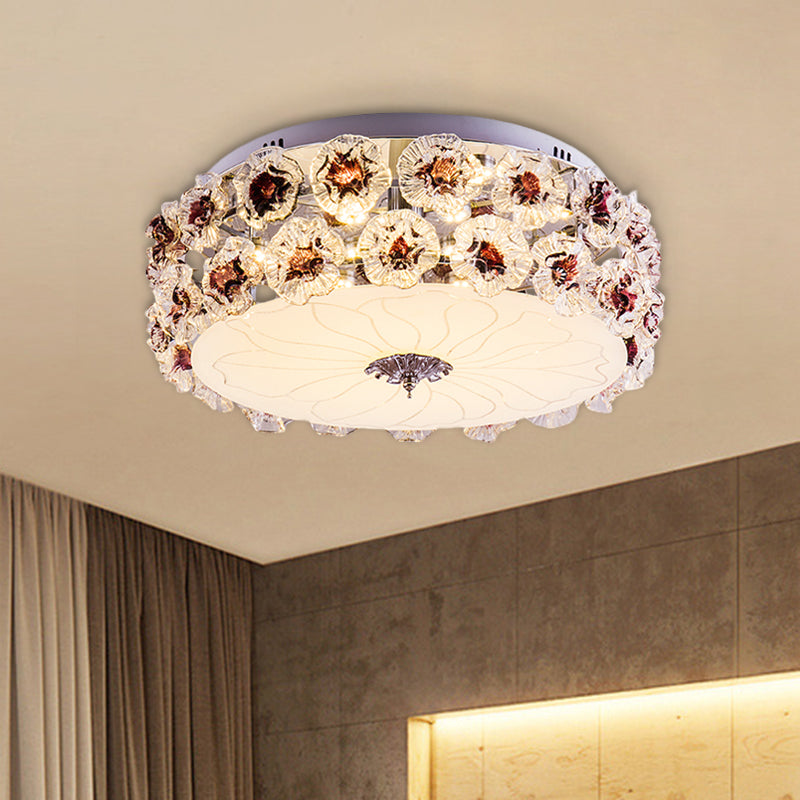 Purple/White LED Flush Light Ceiling Lamp with Crystal Flower Accents