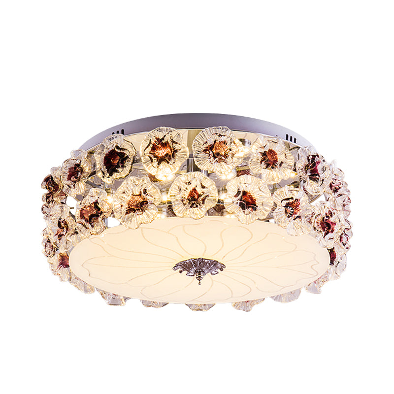 Purple/White LED Flush Light Ceiling Lamp with Crystal Flower Accents