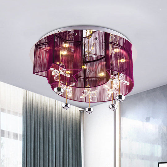Modern LED Flushmount Ceiling Light with Crystal Decor - Red/Silver Fabric, Crescent and Star Design