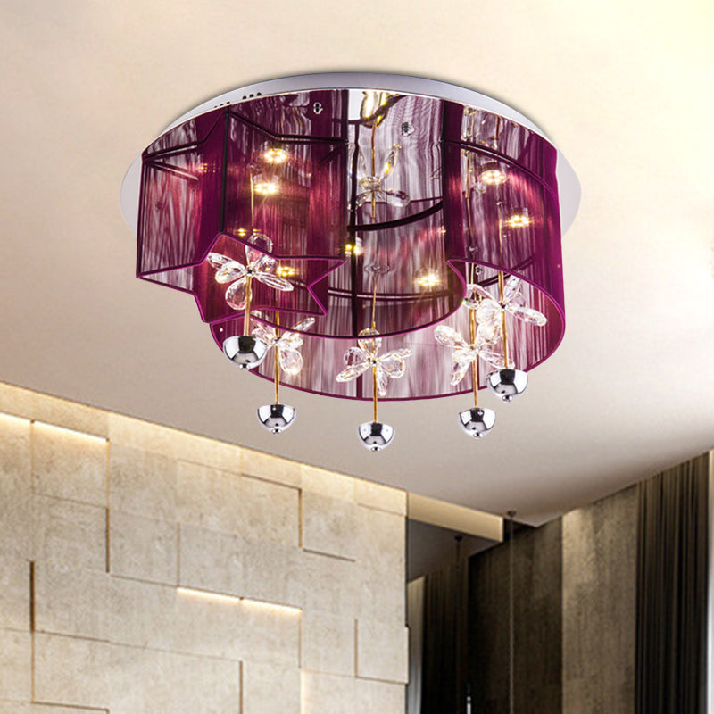 Modern LED Flushmount Ceiling Light with Crystal Decor - Red/Silver Fabric, Crescent and Star Design